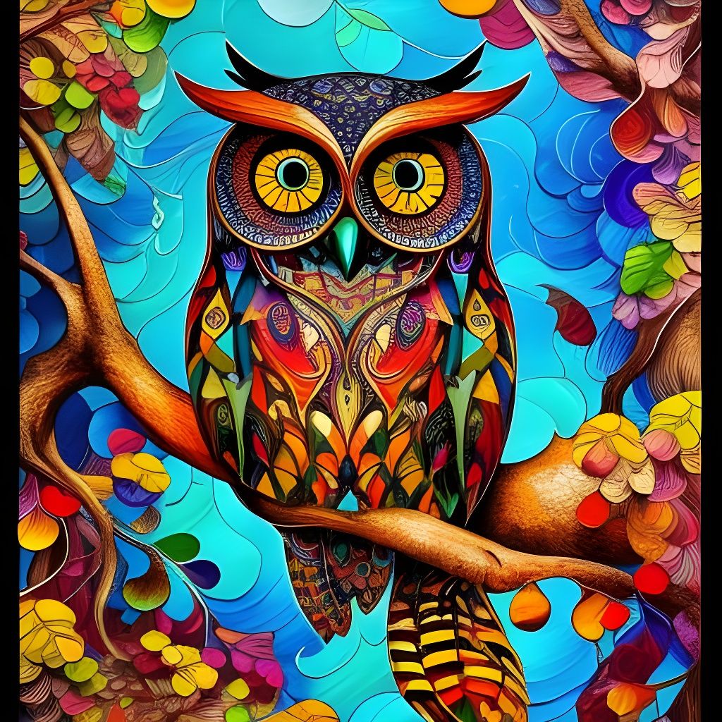 Colorful Owl on Wood, Detailed Gouache Painting