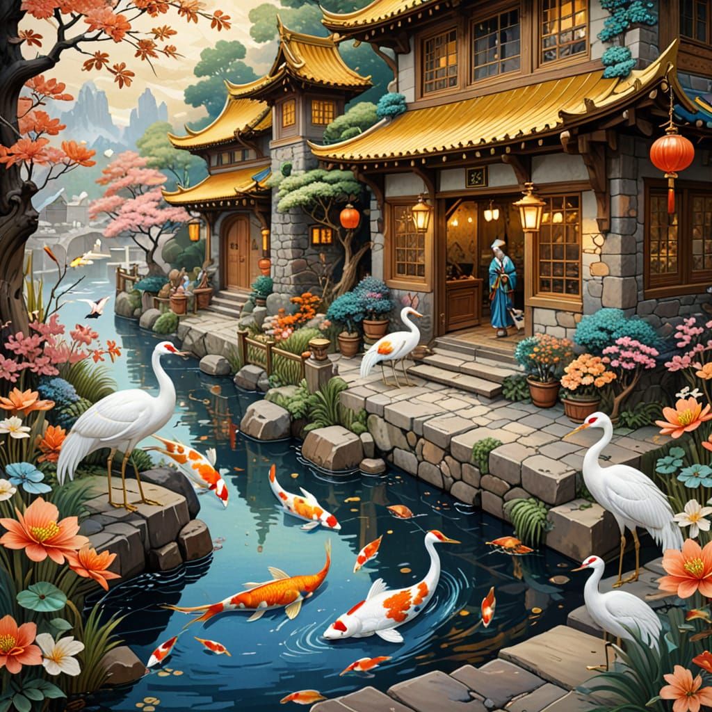 Medieval Fantasy Art: Rustic Inn Scene with Silk Tapestry De...