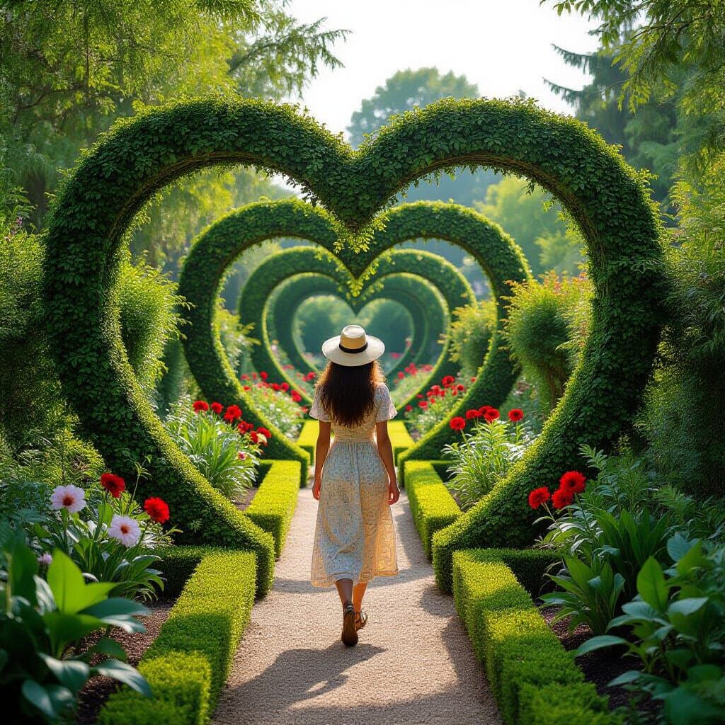Heart-Shaped Garden Maze with Woman, Botanical Art Style