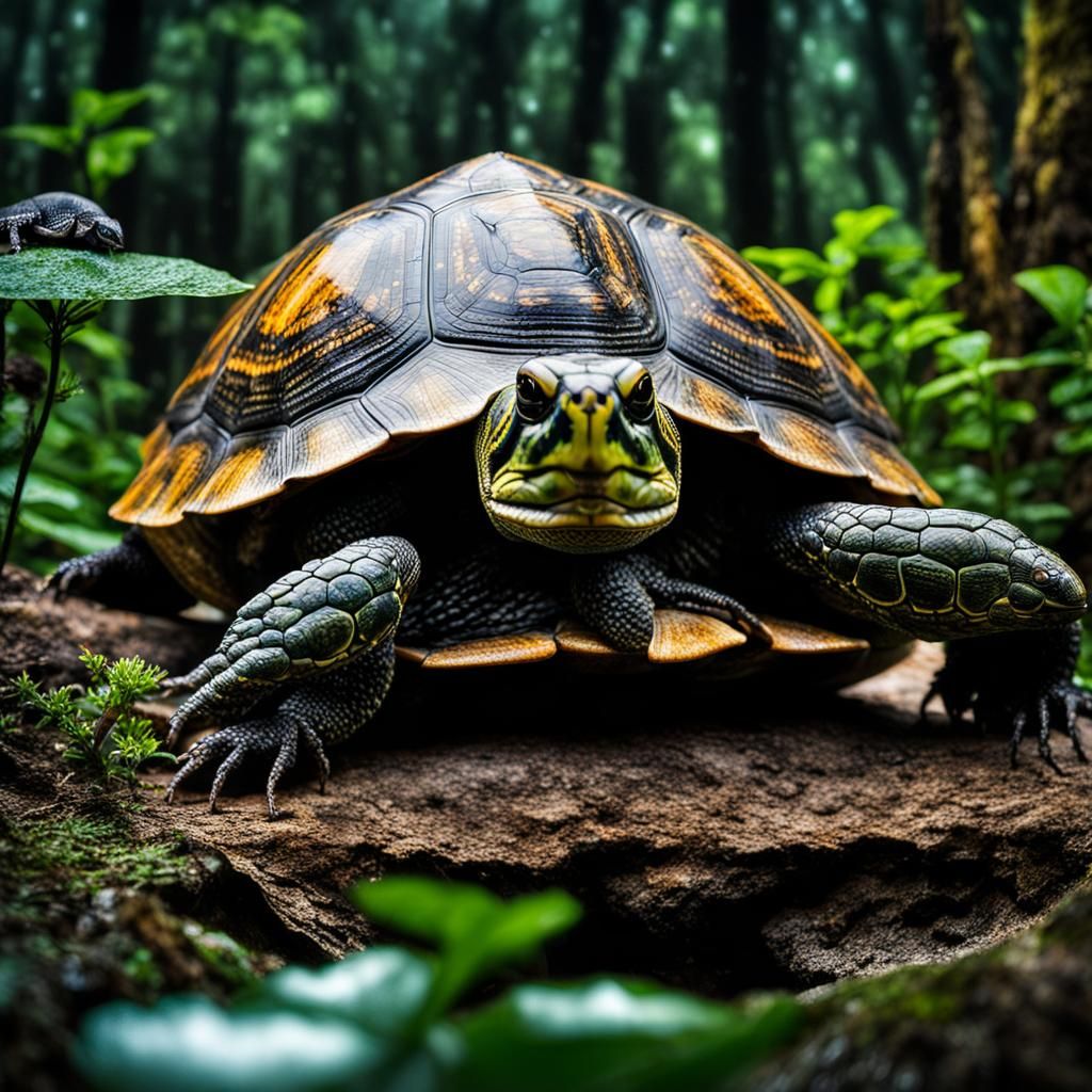 Camouflaged Gecko-Turtle Hybrid in Rainforest