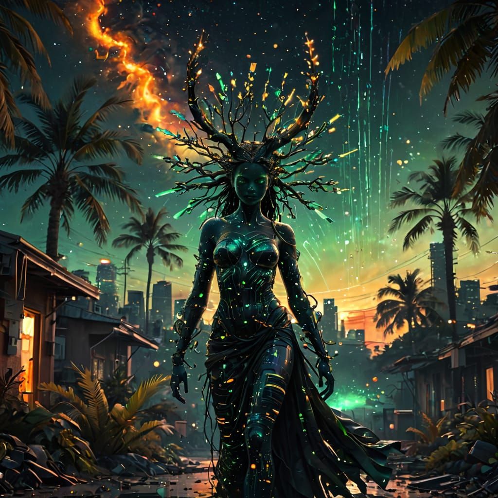 Cyberpunk Goddess Emerges from Sunset Haze