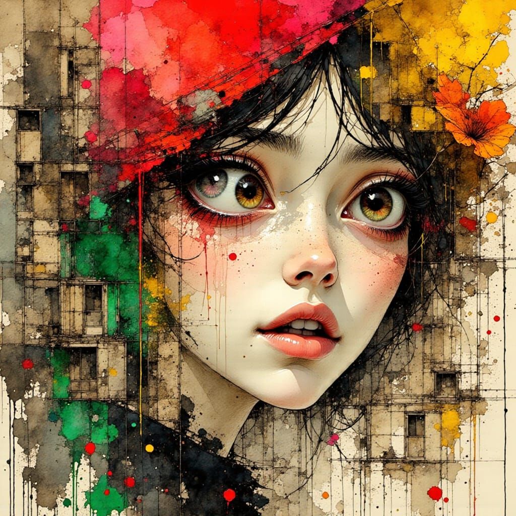 Young Woman's Awakening in Ink-Style Cityscape