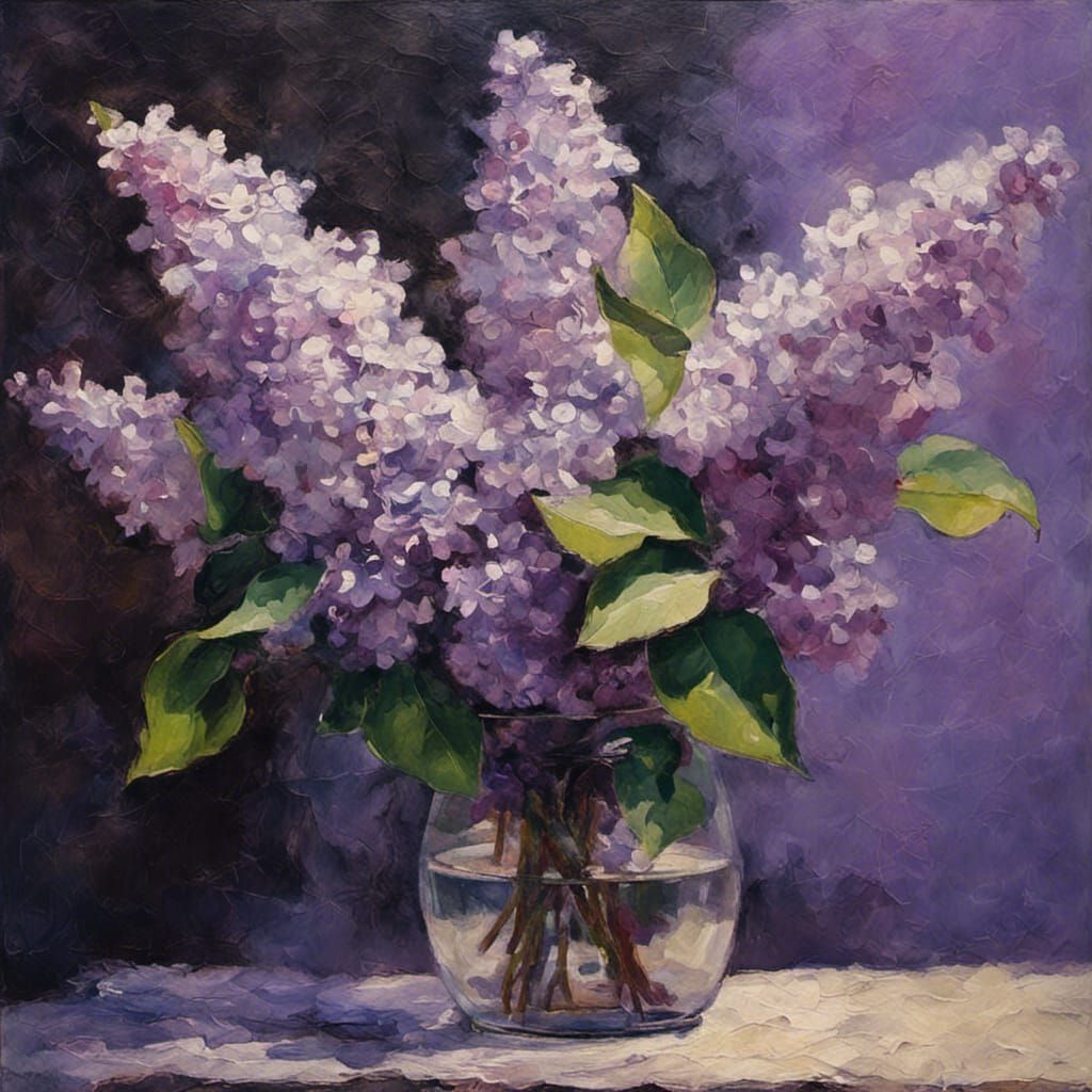 Lilac Stems in Vase: Neo-Impressionistic Oil Painting