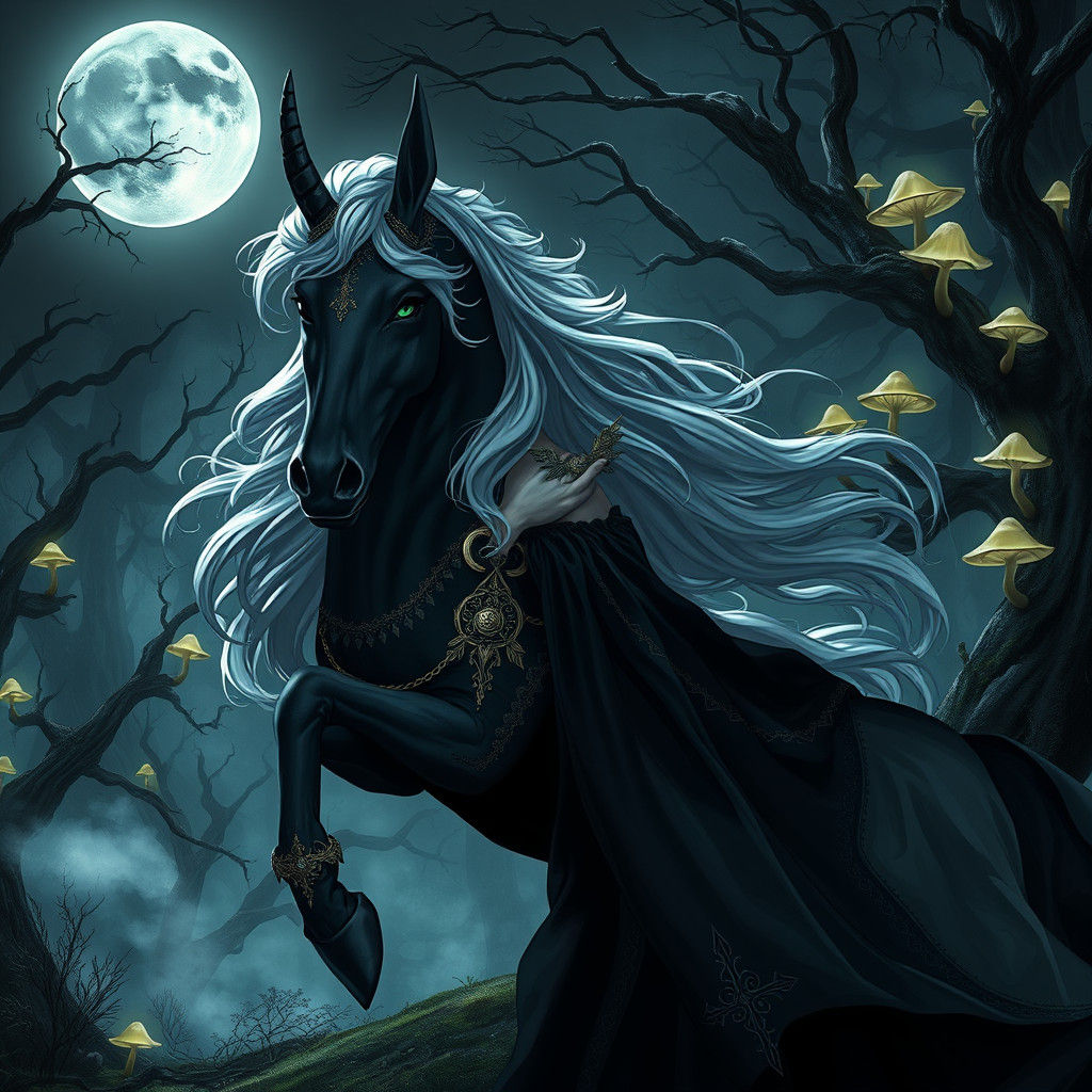 Mystical Female Centaur in Forest Under Black Moon