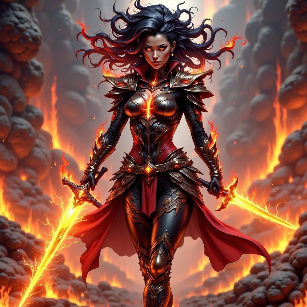 Fierce Fire Swordswoman in Anime Style