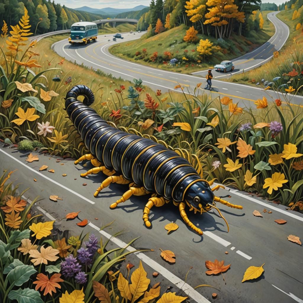 Surreal Millipede Rider on Highway, Impasto Painting