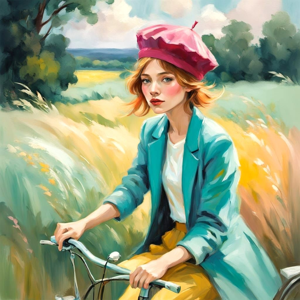 Impressionist Girl in a Raspberry Beret Riding a Bike
