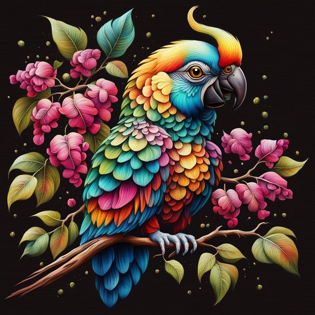 Vibrant Bhil Art Parrot in Bougainvillea Landscape