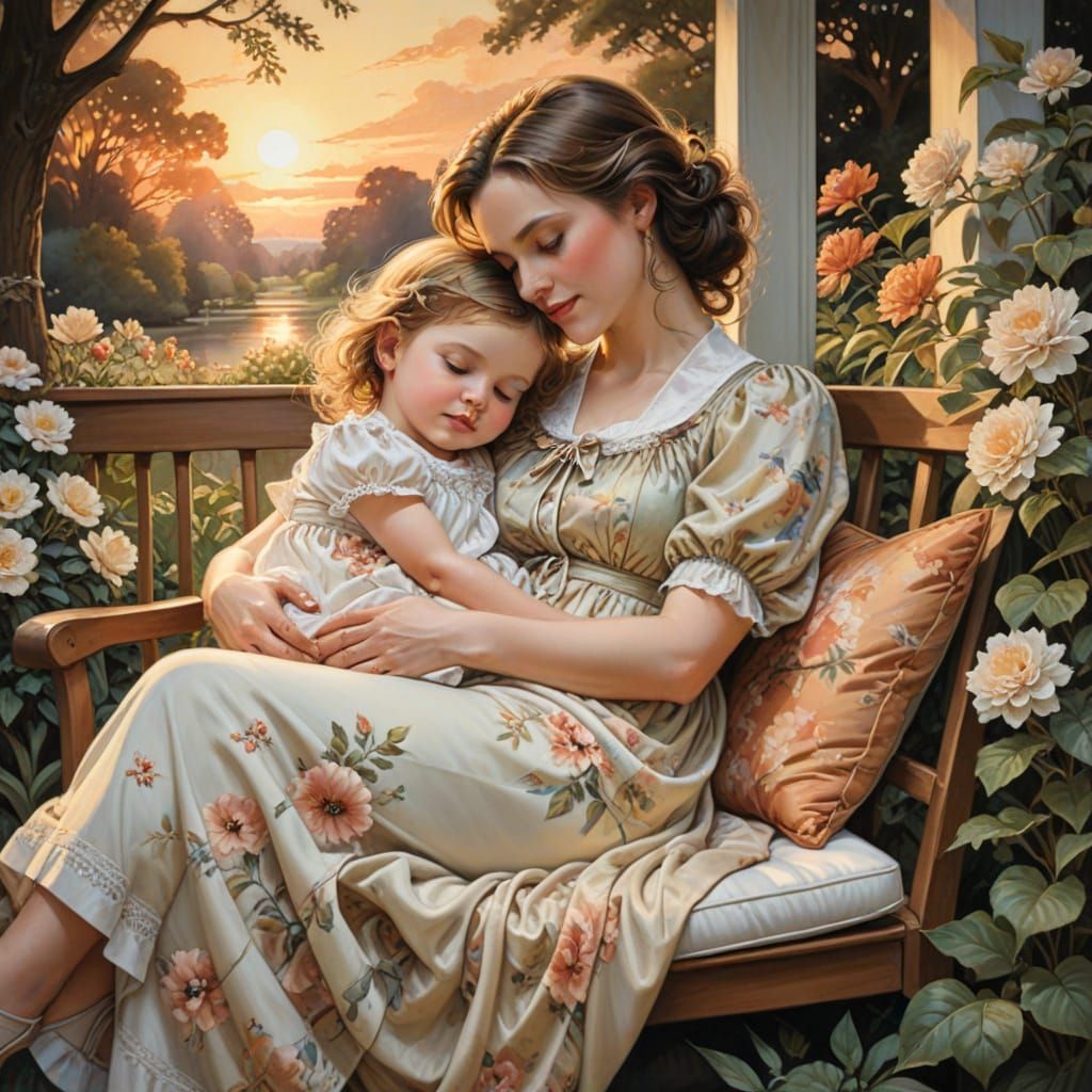 Mother and Baby on Porch Swing in Sunset Garden