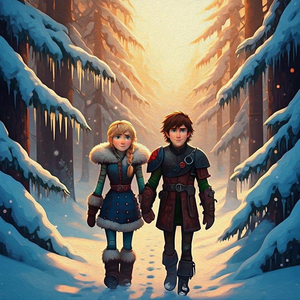 Hiccup and Astrid in Winter Woods: Christmas Gouache
