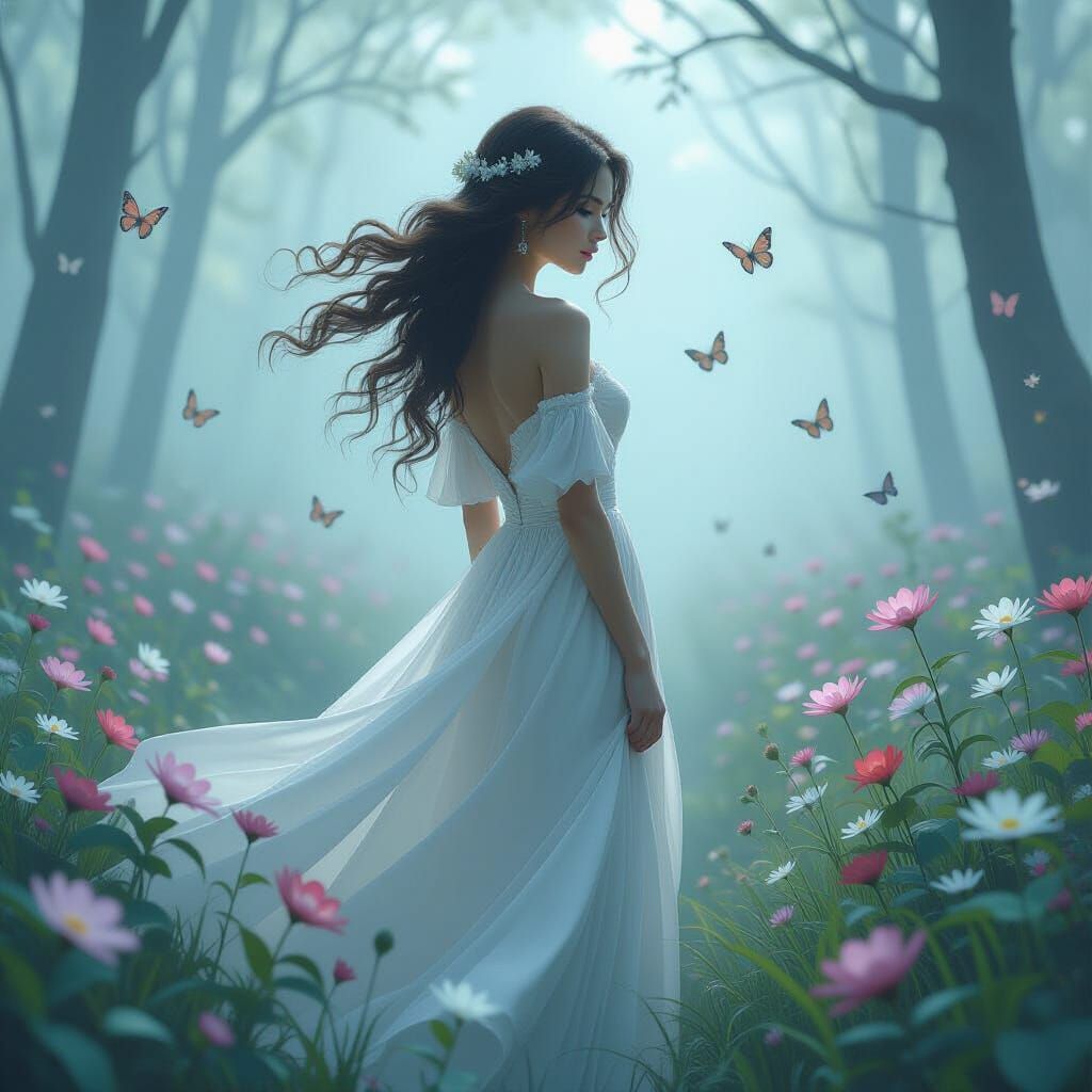 Woman in Misty Forest with Flowers and Butterflies