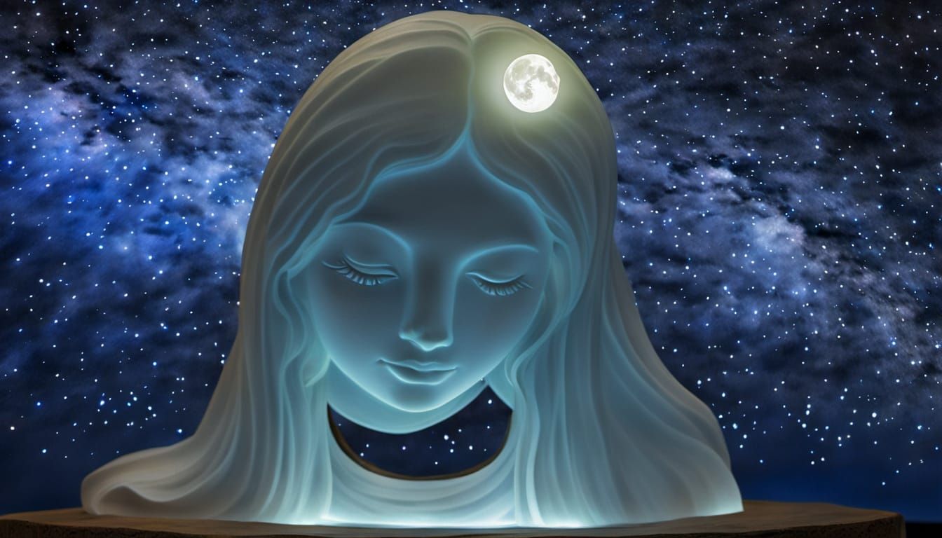 Glowing Moonstone Sculpture of Girl Under Starry Sky