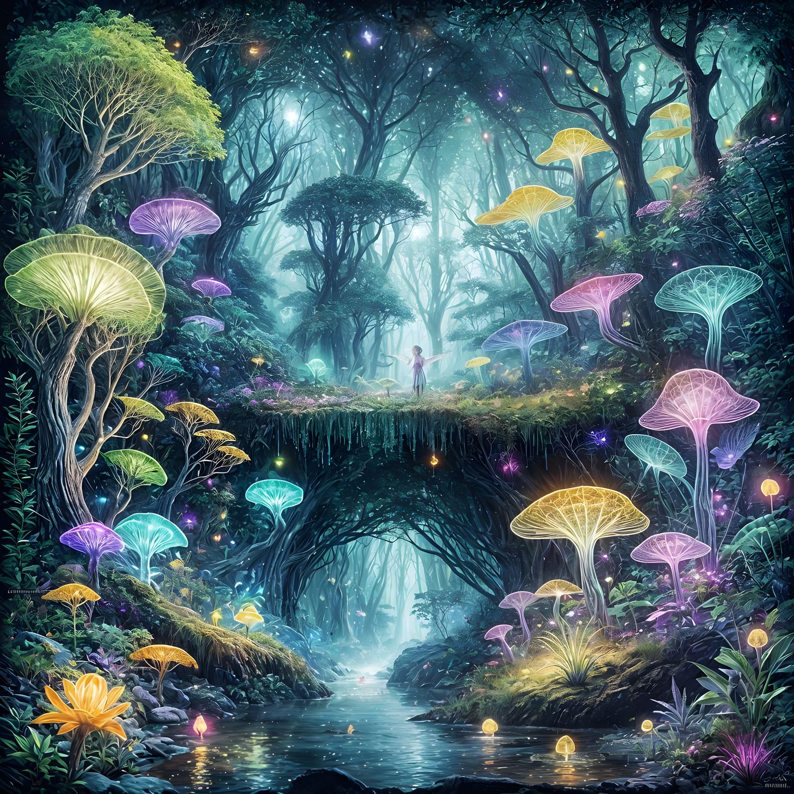 Ethereal Bioluminescent Forest in Cosmic Holographic Style
