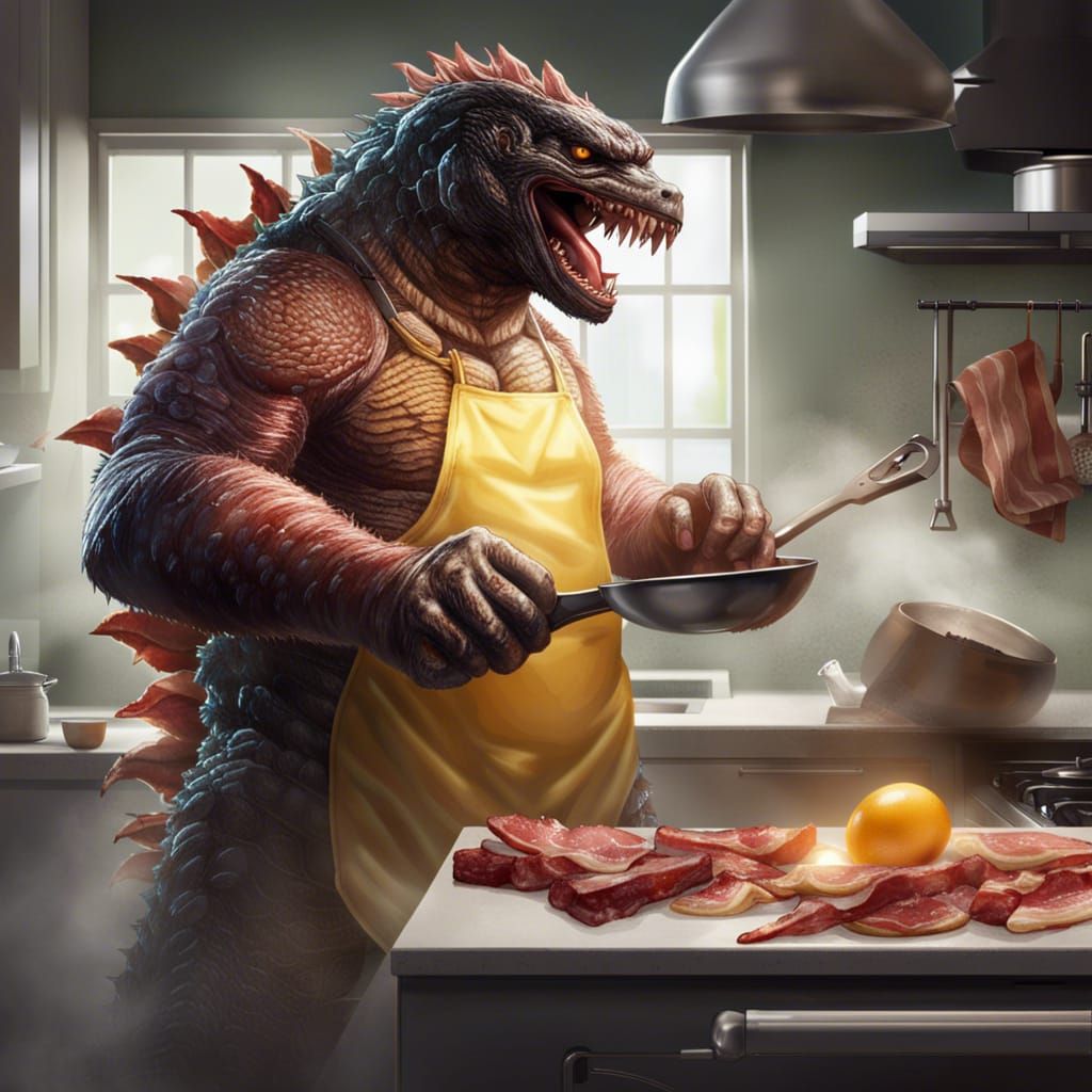 Hyperrealistic Godzilla Cooking Breakfast in Kitchen