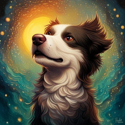 Smiling Border Collie in Starscape: Impasto Gouache Illustra...