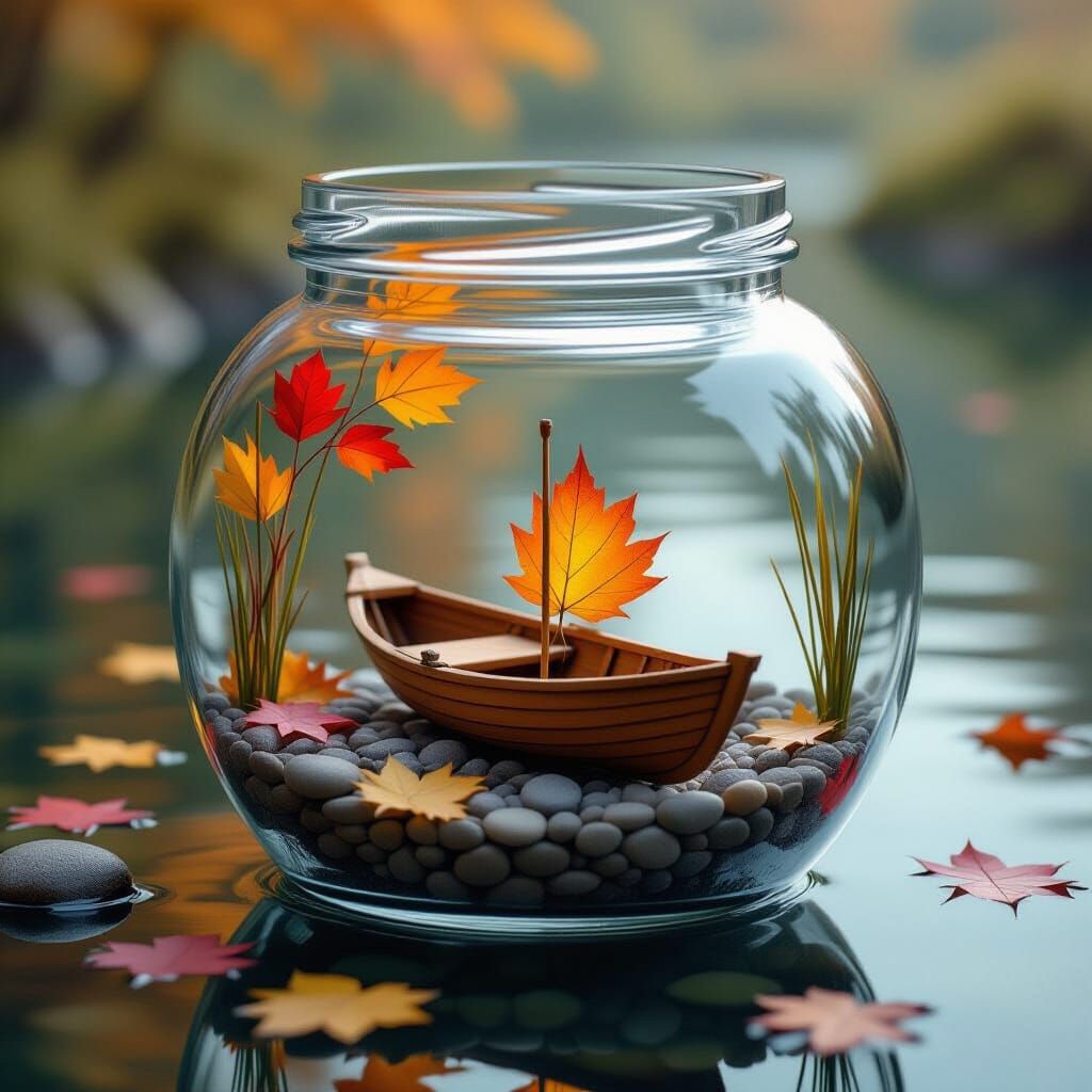 Miniature Autumn Leaf Boat in a Tranquil Jar