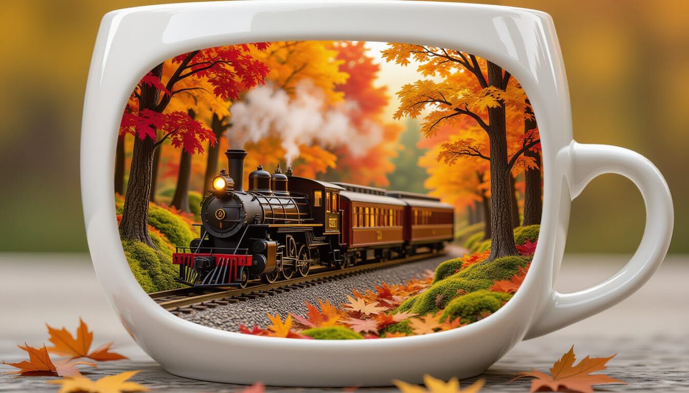 Miniature Train Diorama in Autumn Forest Inside a Mug