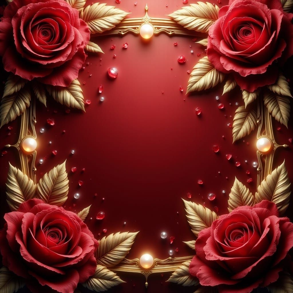 Luxurious 3D Red Roses and Golden Leaves Art