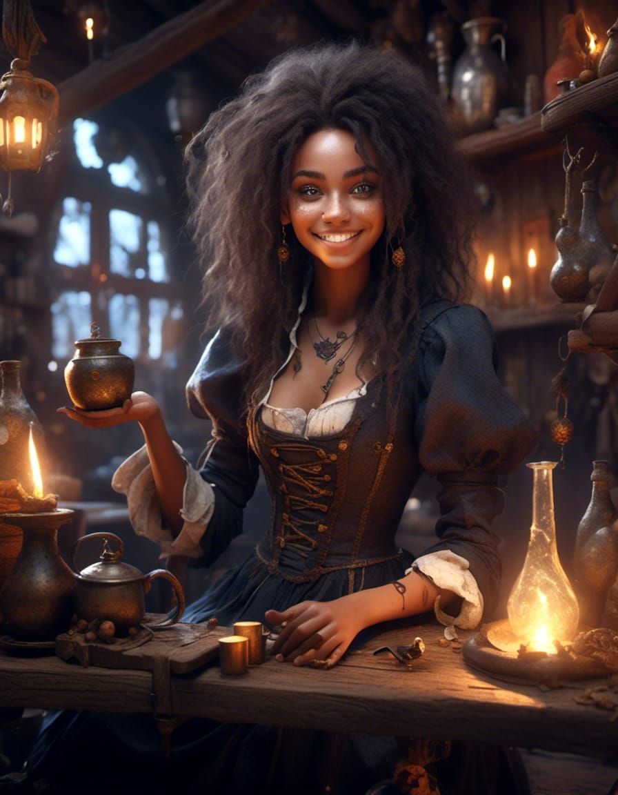 Whimsical Warlock Portrait in Alchemist's Cabin