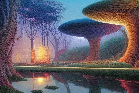 Futuristic Indian Alien City Reflecting Setting Sun