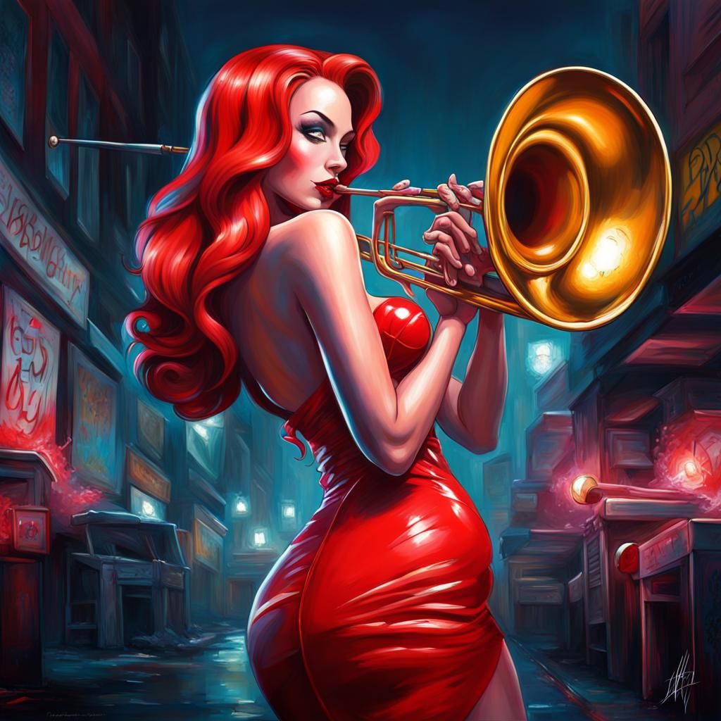 Jessica Rabbit Plays Trombone in Hyperrealistic Graffiti Art
