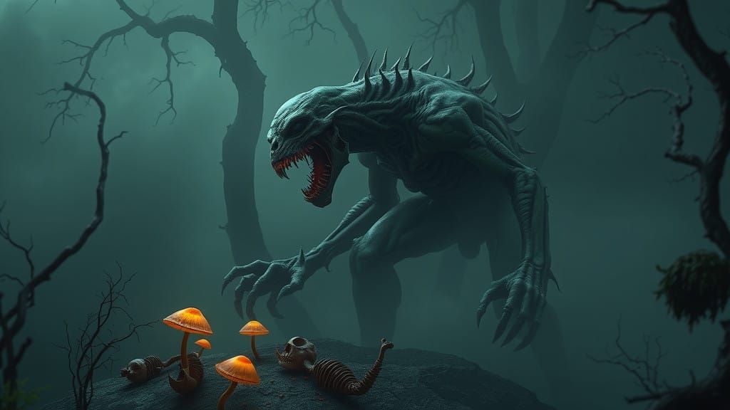 Dark Fantasy Monstrosity Emerges from Eerie Fog in Cyberpunk...