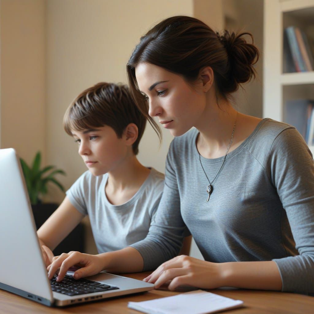 Warm Family Scene: Woman Watches Boy Typing