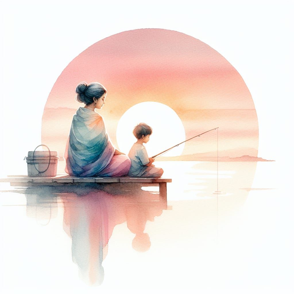 Watercolor of South Asian Woman Fishing at Sunset