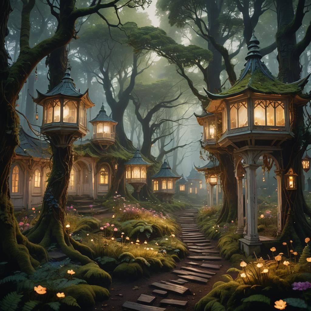 Elven City in Dark Forest: Oil Painting
