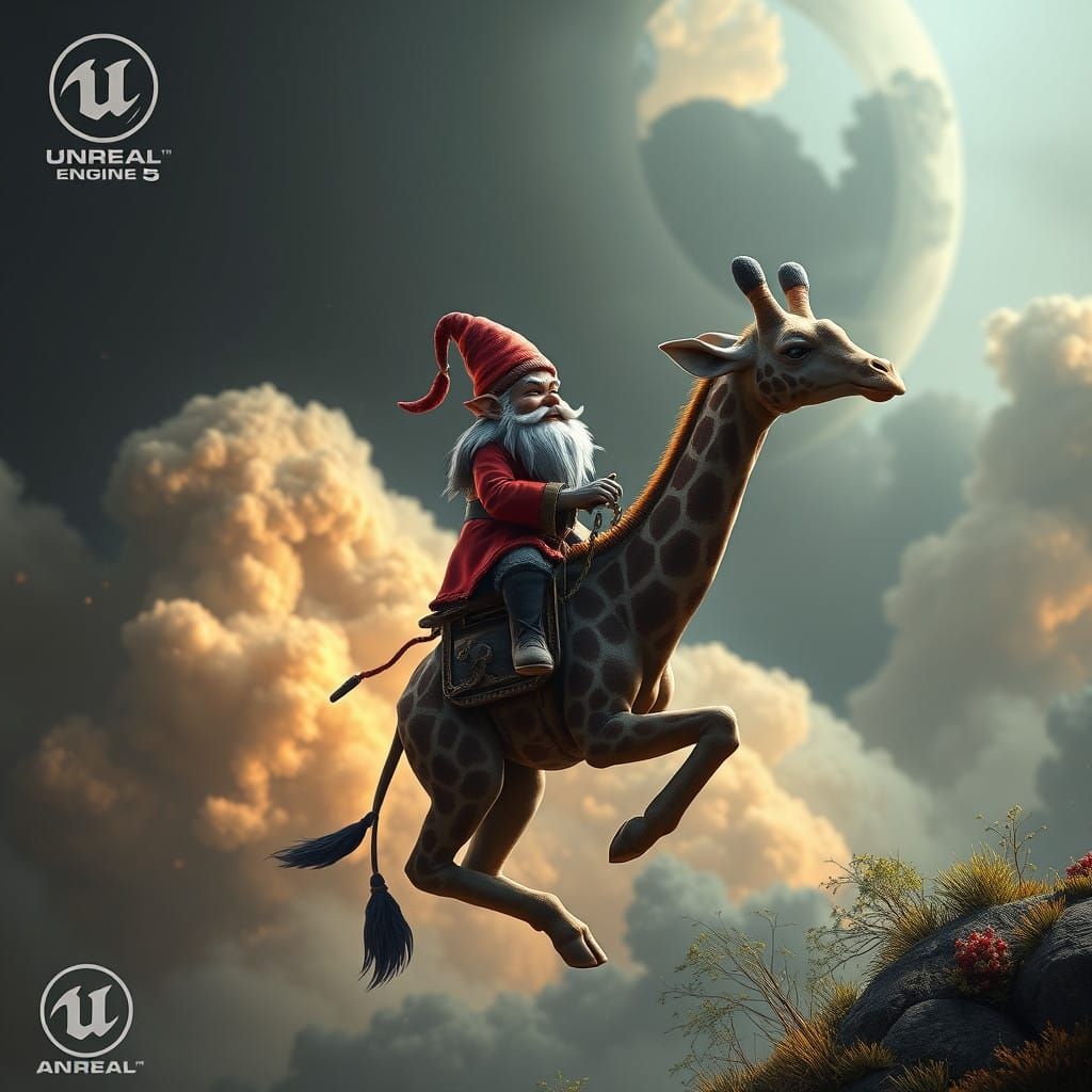 Fantastical Gnome on a Towering Giraffe, an 8K Unreal Engine...