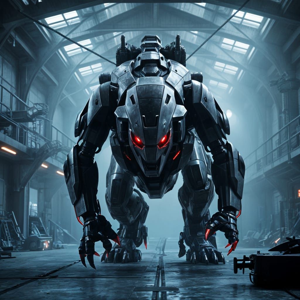 Gigantic Robotic Zoid Stalks Dark Hangar