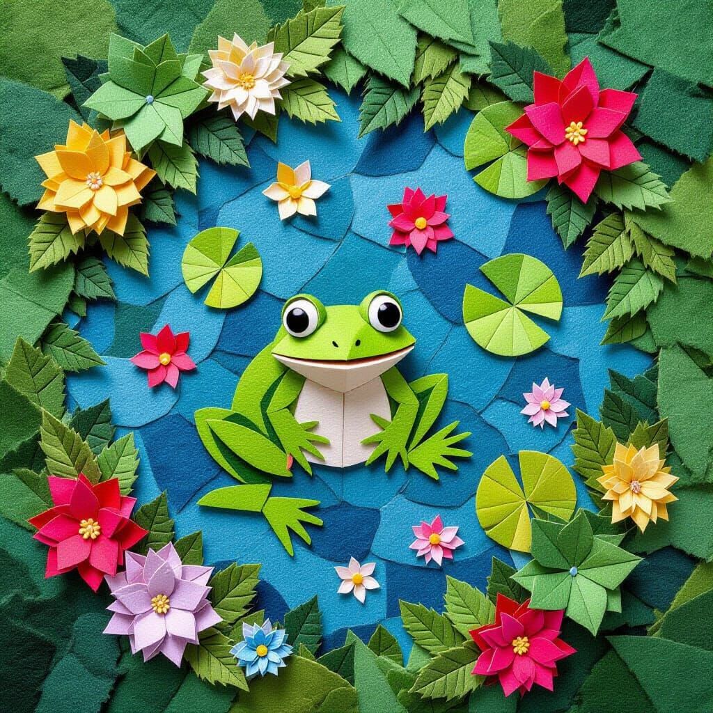 Felted Mosaic Frog Swamp in Origami Papercraft Style
