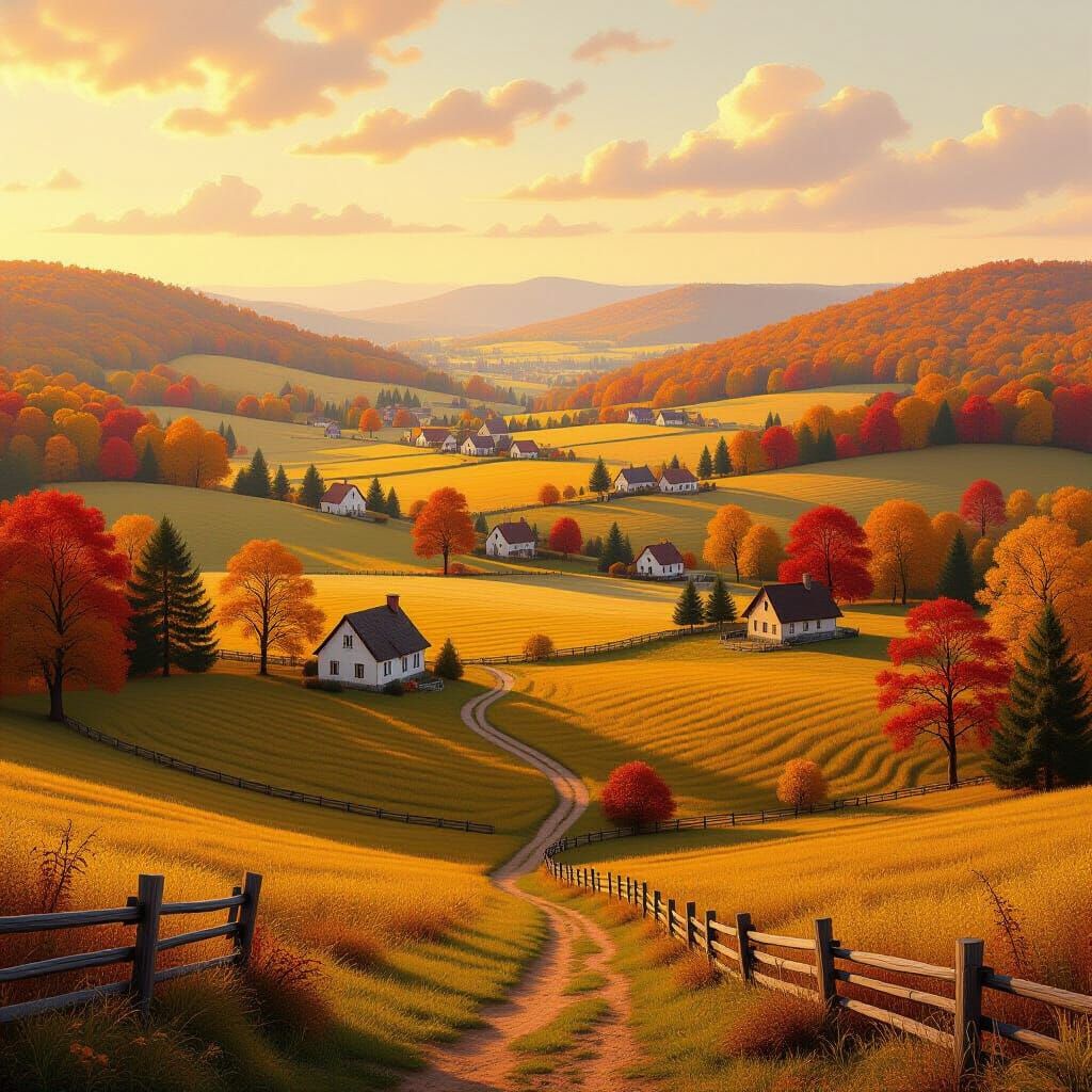 Vibrant Autumn Landscape with Cottages and Village