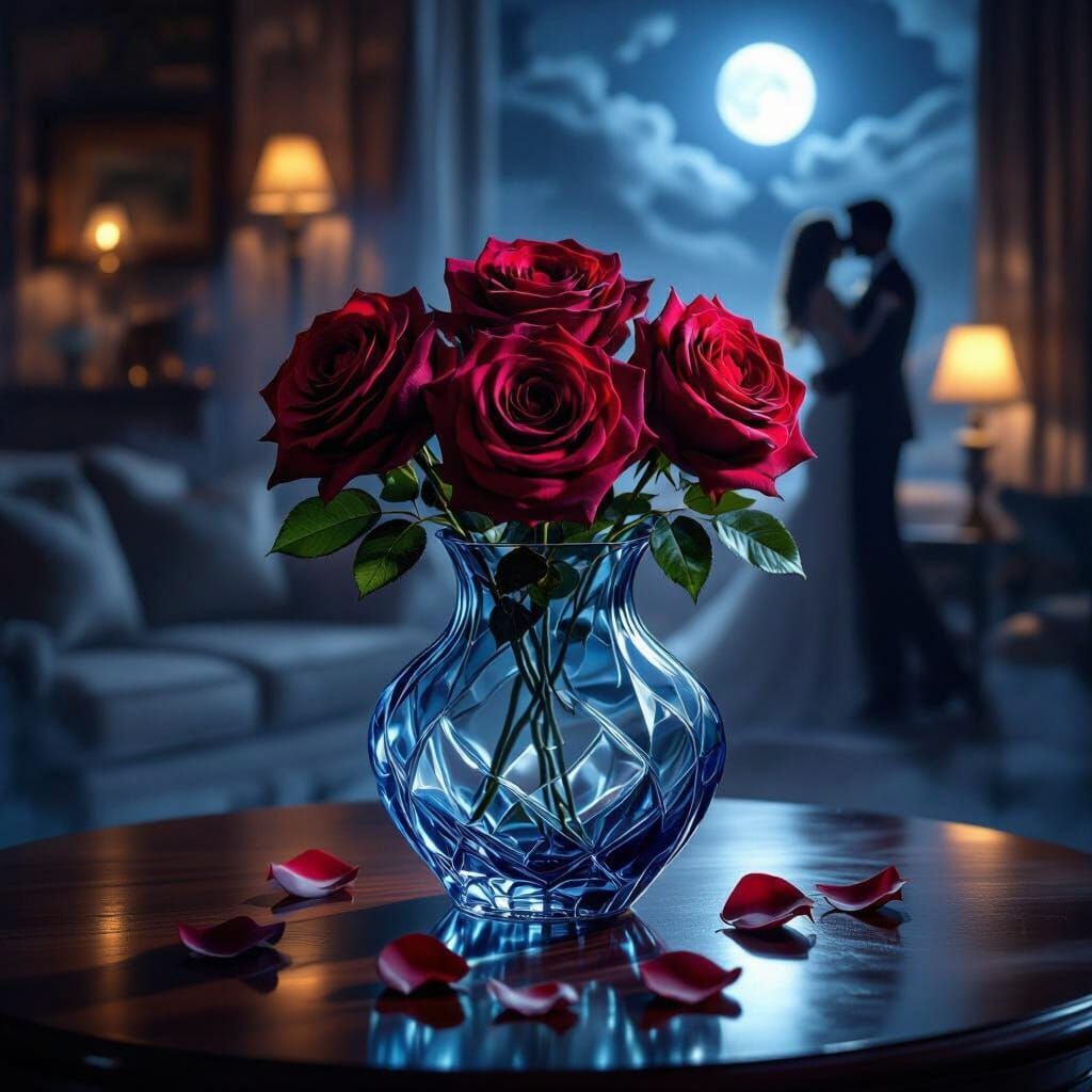 Romantic Roses in Crystal Vase, Ethereal Fantasy Art