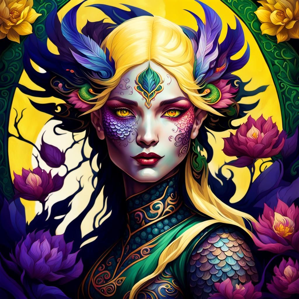 Dragon Peacock Woman in Art Nouveau Style