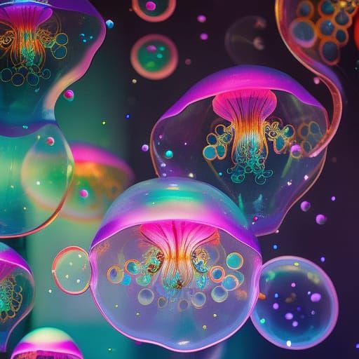 Jellyfish Princess in Bioluminescent Bubbles, Art Nouveau St...
