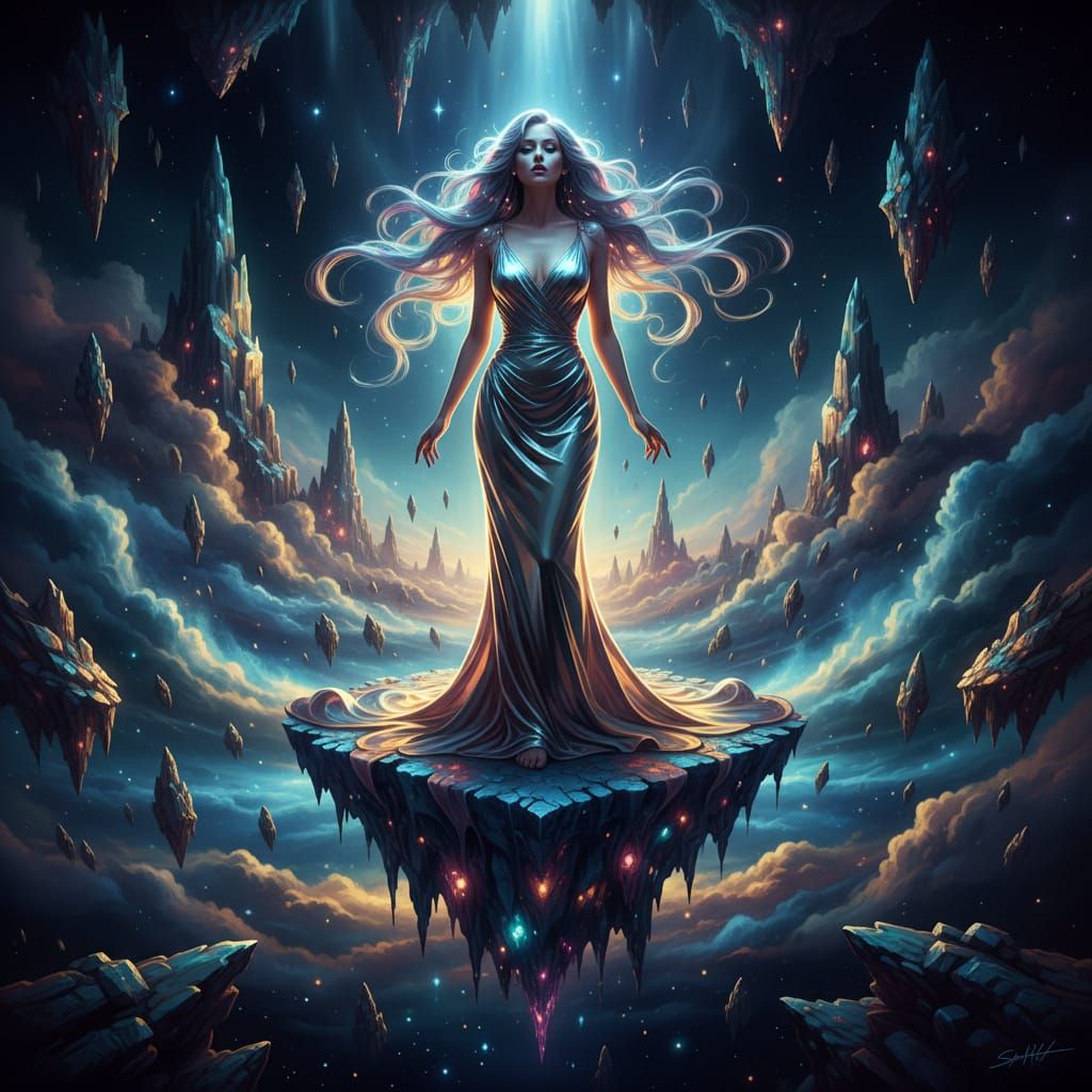 Glamorous Woman with Liquid Starlight Hair on Floating Islan...