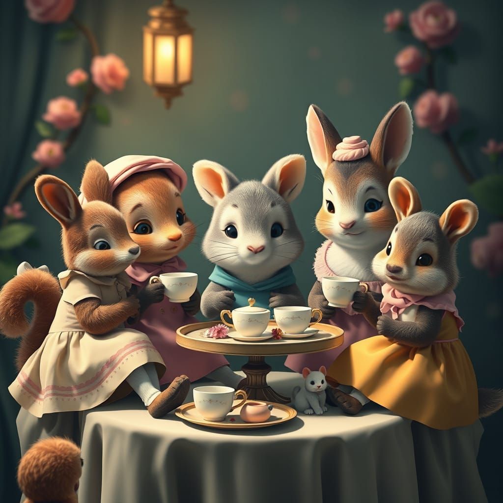 Cartoon Animals' Pastel Tea Party, Whimsical Art