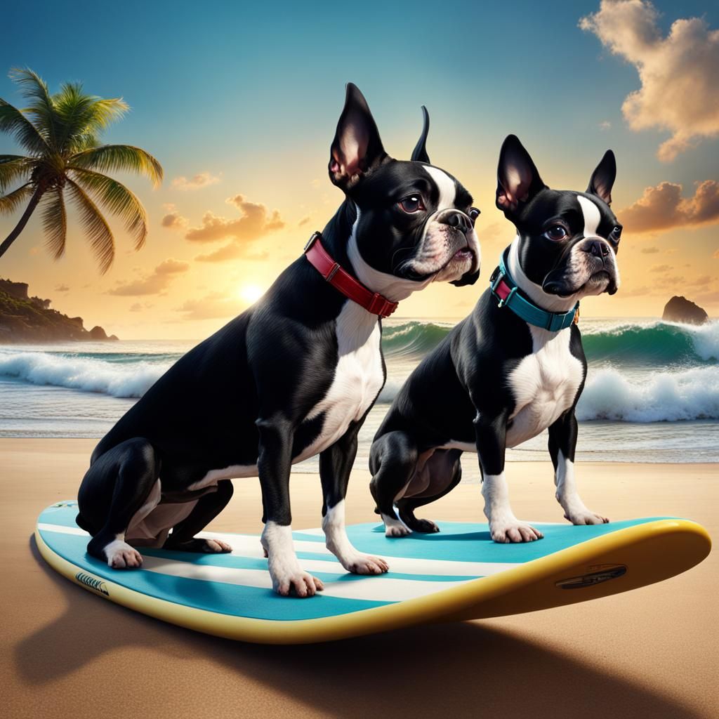Boston Terriers Catching Waves: Fantasy Concept Art