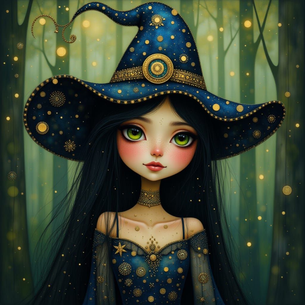 Beautiful Witch in Blue and Gold Fantasy Style