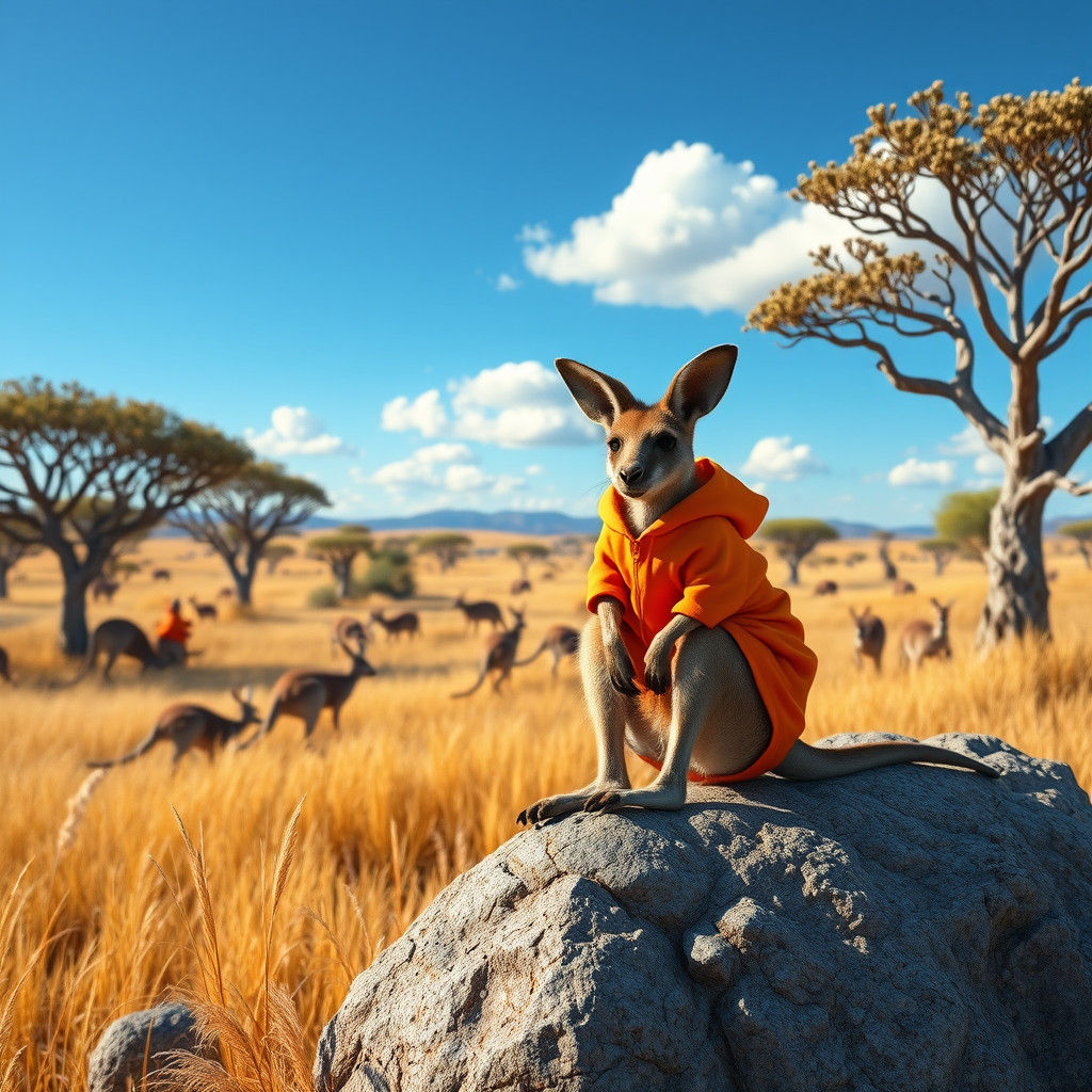 Kangaroo Joey in Orange Hoodie on Savannah