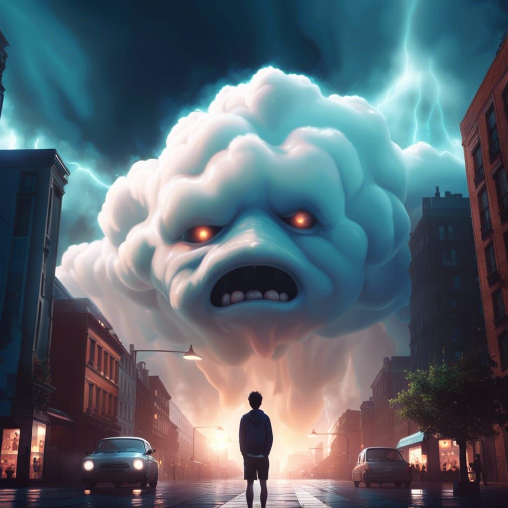 Cloud Monster Over City in Surreal Fantasy Style