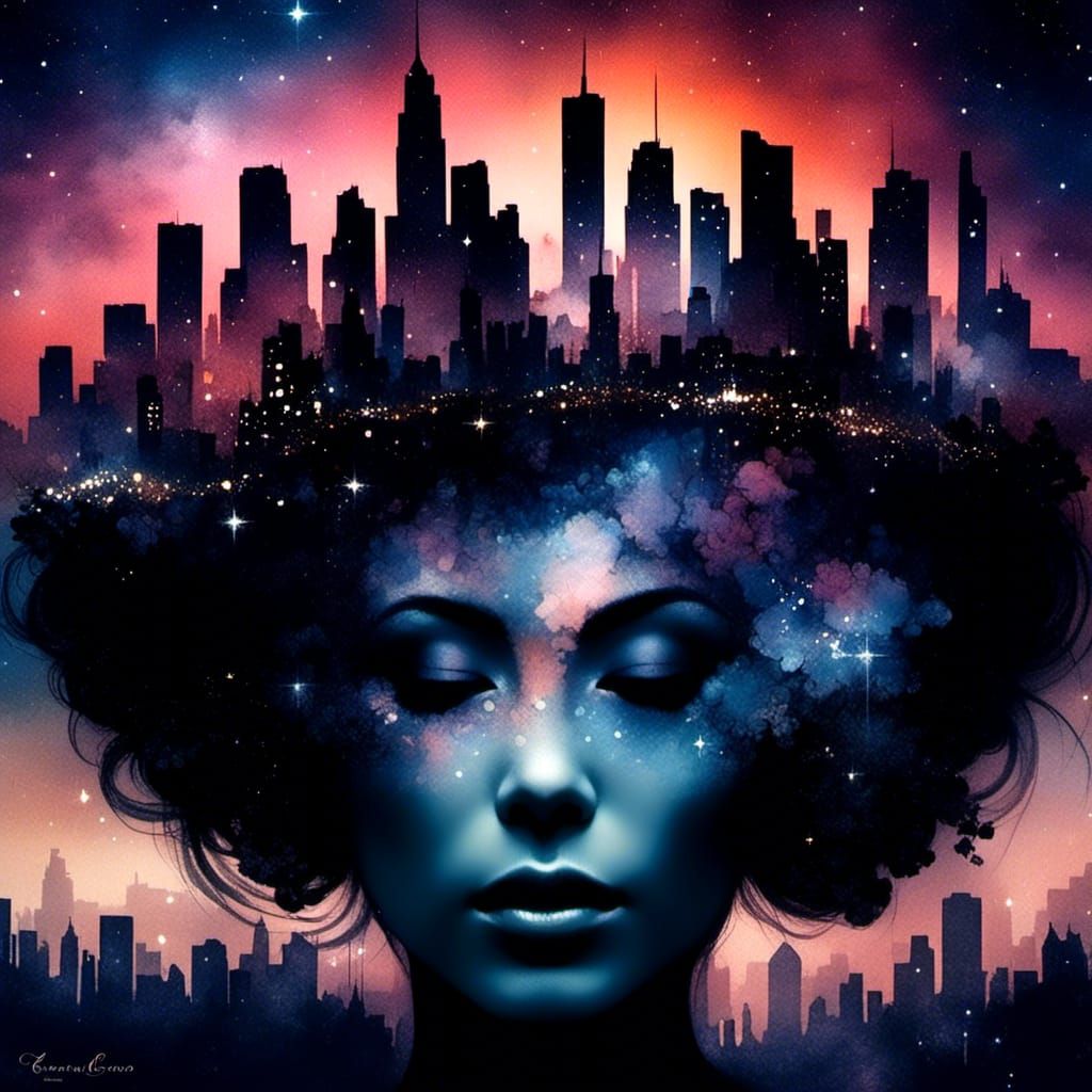 Decaying City Silhouette in Woman's Head