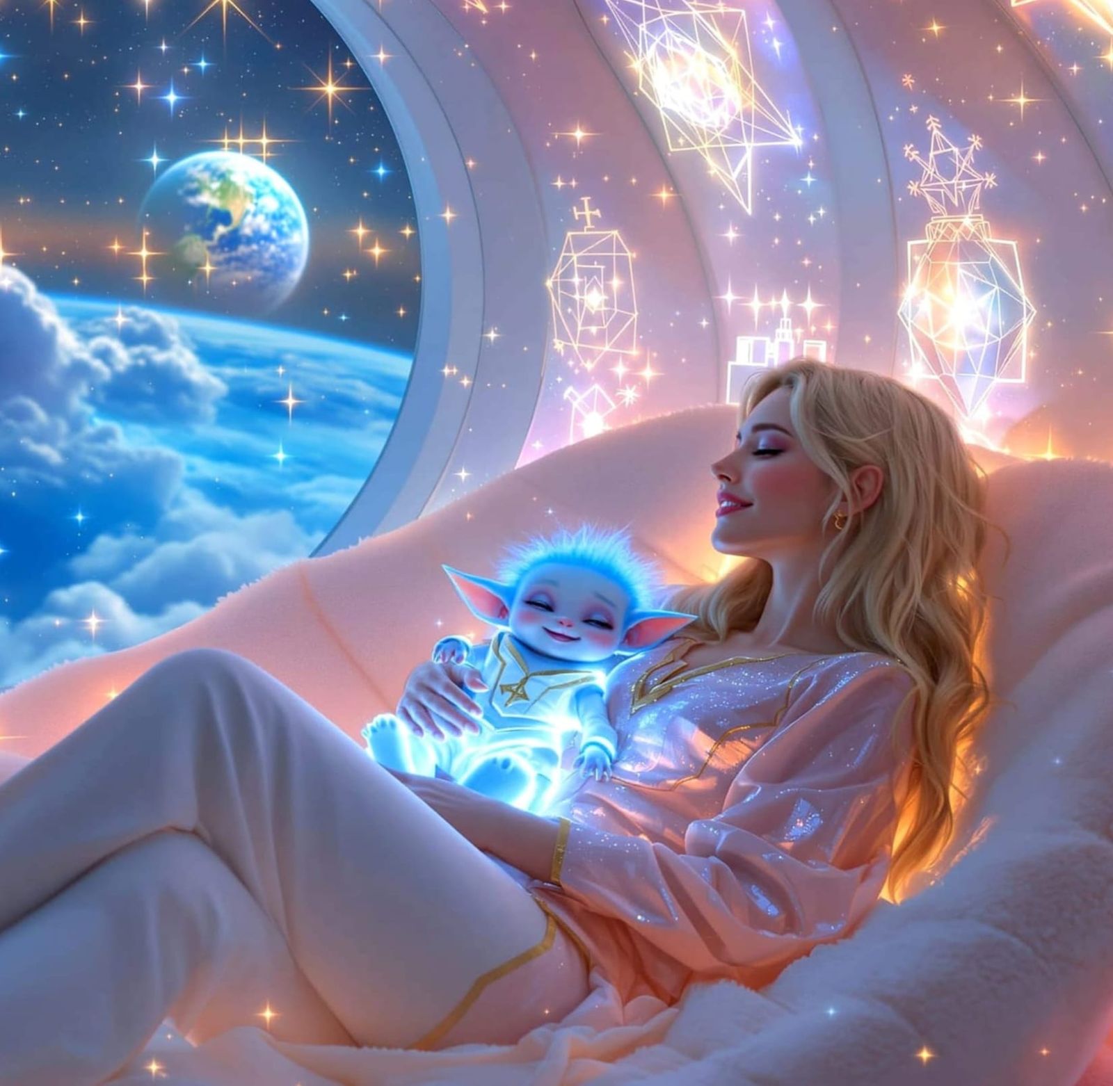 Gentle Lady and Ethereal Alien Child in Spaceship