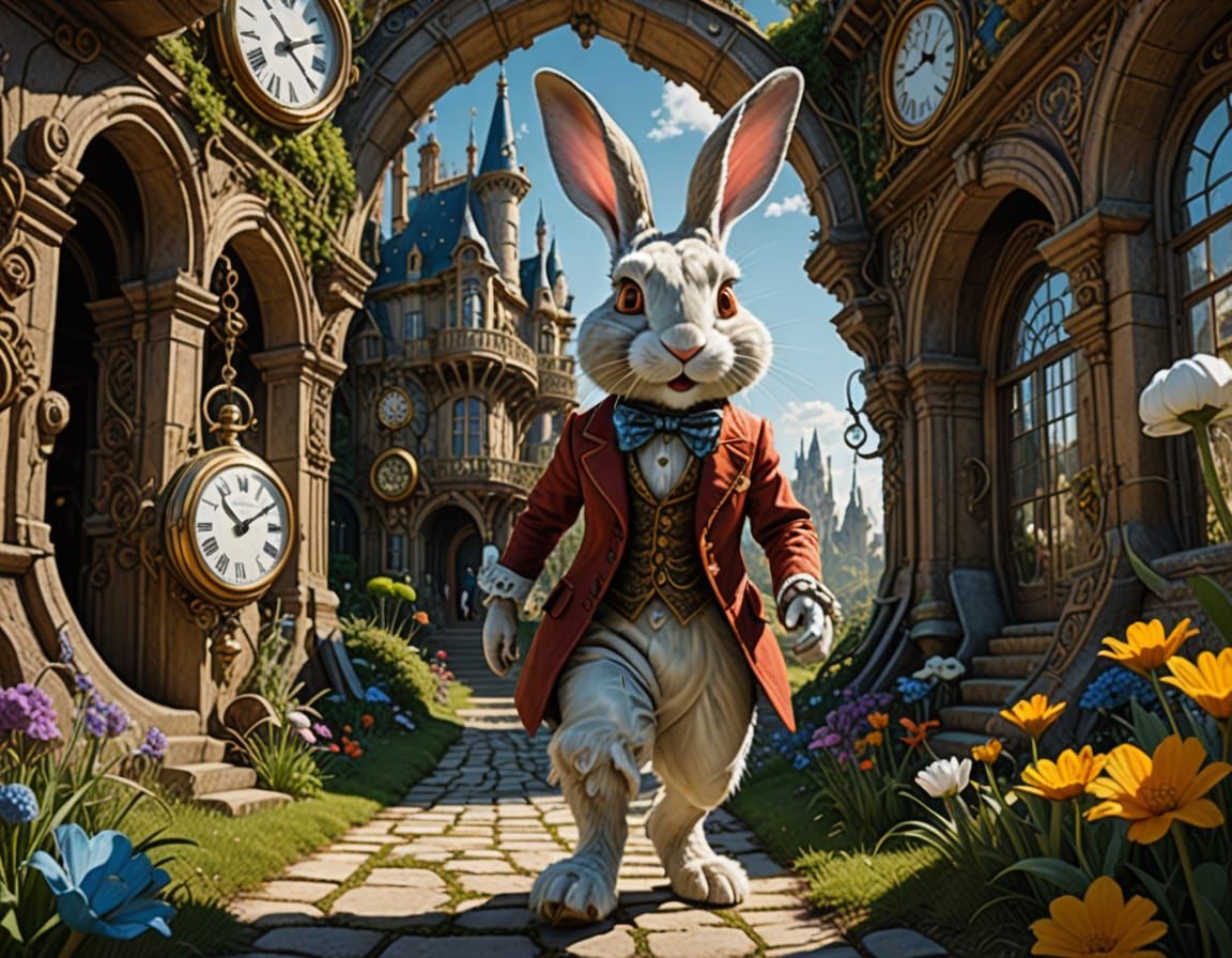 Worried Rabbit in Wonderland with Pocket Watch