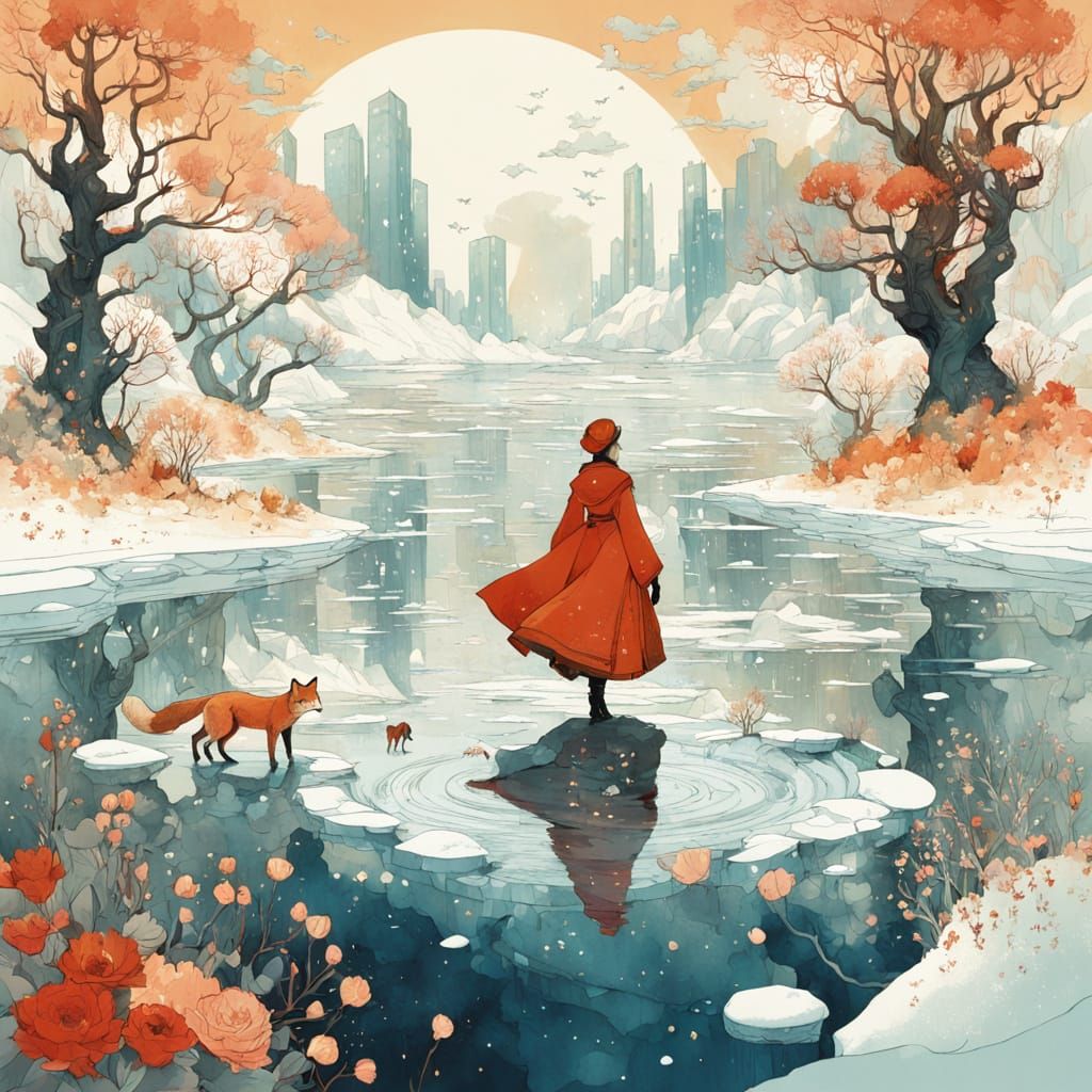 Fairytale Winter Wonderland with Girl and Fox