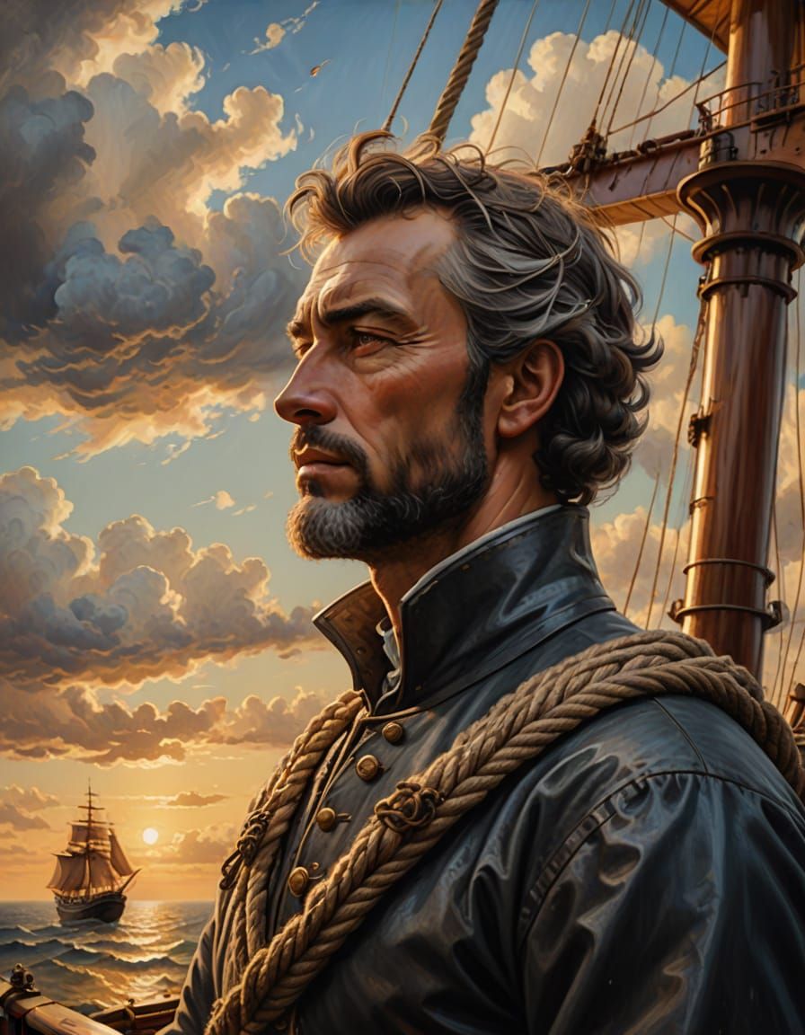 Elegant Sailor Gazing Out at a Golden Horizon