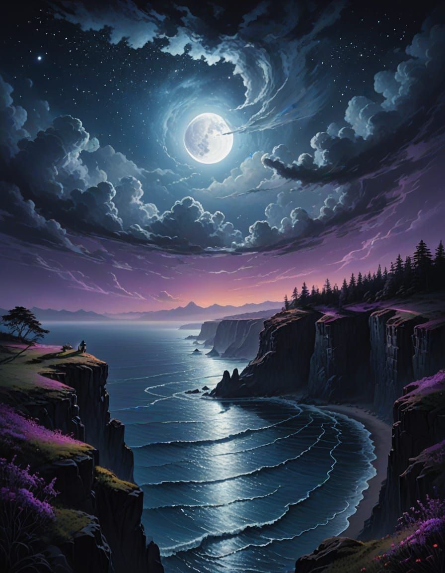 Stellar Seascape with Lone Figure Gazing Out at the Cosmos