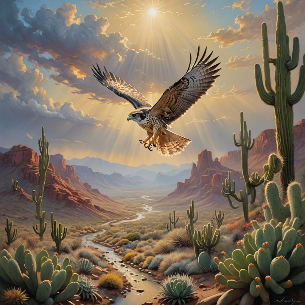 Prairie Falcon Soaring Over Desert, Ethereal Oil Painting