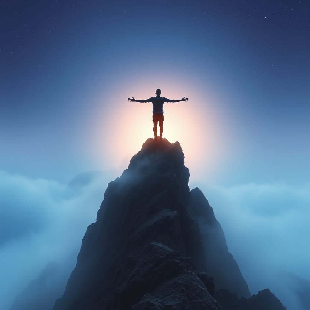 Ethereal Figure Embraces Dawn on Misty Mountain
